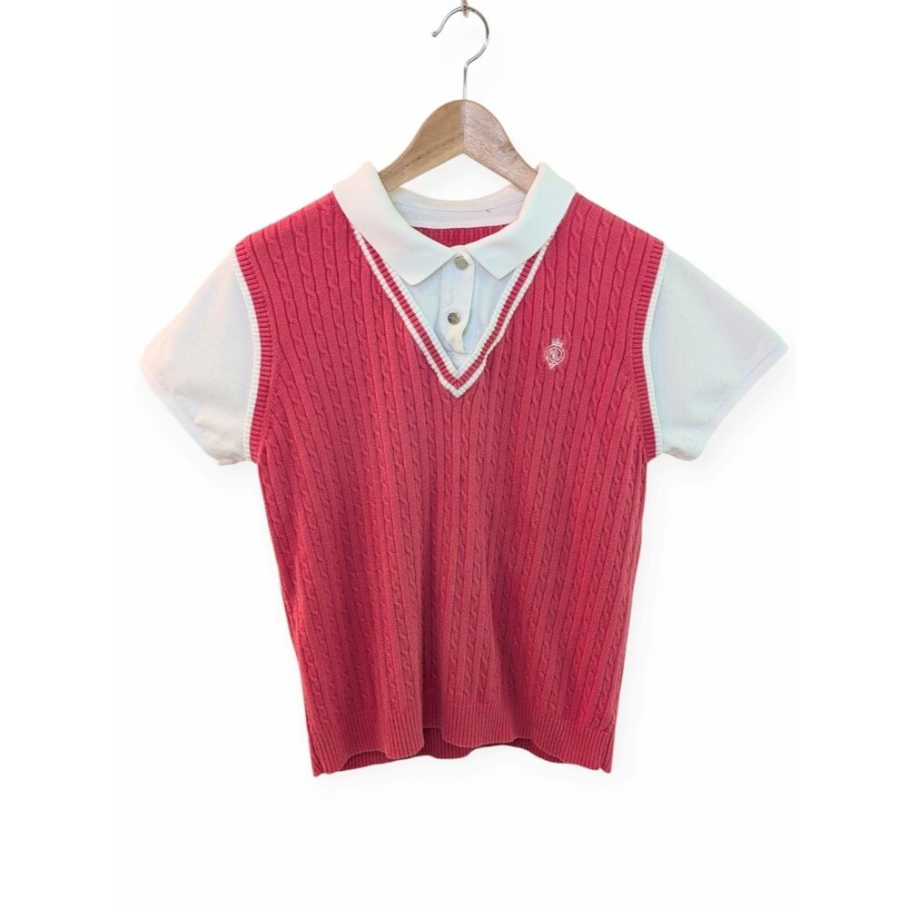 Lauren Ralph Lauren Womens Sweater Vest with Attached Polo Shirt Pink
